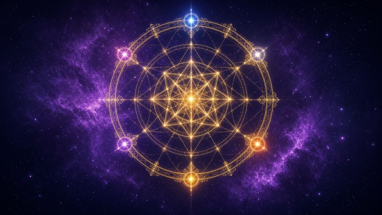 A golden celestial compass with glowing colored star points